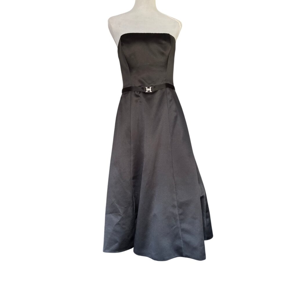 Michaelangelo black satin strapless belted tea‎ length A-Line formal dress sz 8